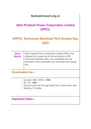 UPPCL Technician Electrical TG II Answer Key 2023