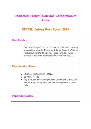 DFCCIL Various Post Result 2023