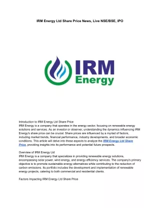 IRM Energy Ltd Share Price News, Live NSE_BSE, IPO