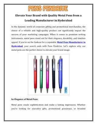 Elevate Your Brand with Quality Metal Pens from a Leading Manufacturer in Hyderabad