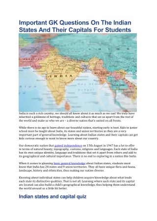 important gk questions on the indian states