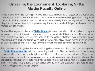 Unveiling the Excitement Exploring Satta Matka Results Online