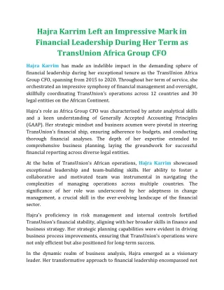 Hajra Karrim Left an Impressive Mark in Financial Leadership During Her Term as TransUnion Africa Group CFO