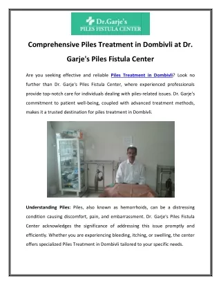 Comprehensive Piles Treatment in Dombivli at Dr. Garje's Piles Fistula Center