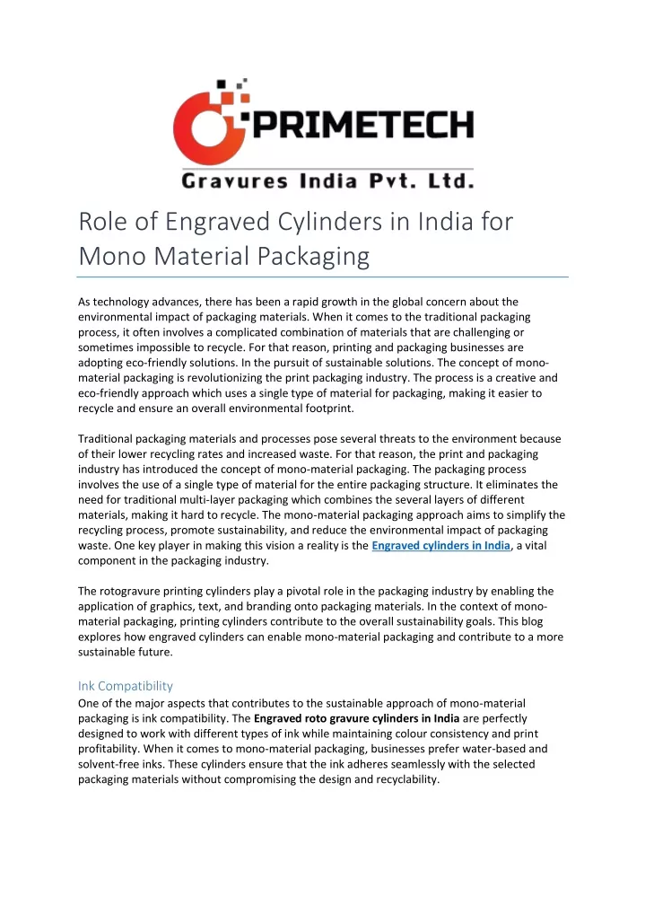role of engraved cylinders in india for mono