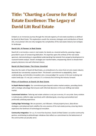 Real Estate Renaissance: Navigating Excellence with David Litt Real Estate