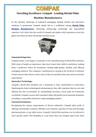 Unveiling Excellence  Compak - Leading Shrink Films Machine Manufacturers