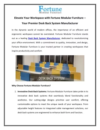 Elevate Your Workspace with Fortune Modular Furniture – Your Premier Desk Back System Manufacturer