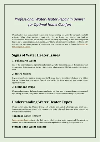 Professional Water Heater Repair in Denver for Optimal Home Comfort