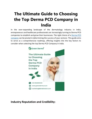 The Ultimate Guide to Choosing the Top Derma PCD Company in India