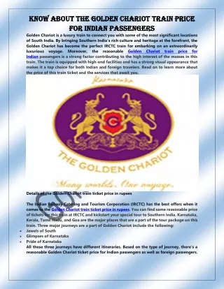Know about the Golden Chariot train price for Indian passengers