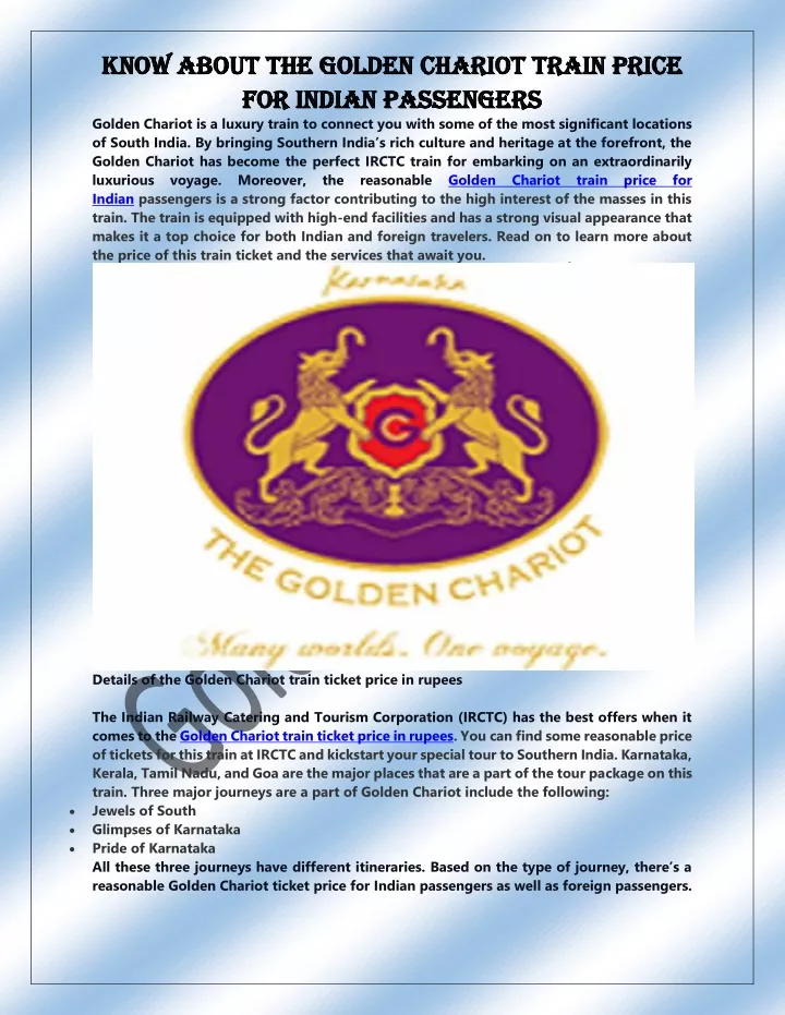 know about the golden chariot train price know