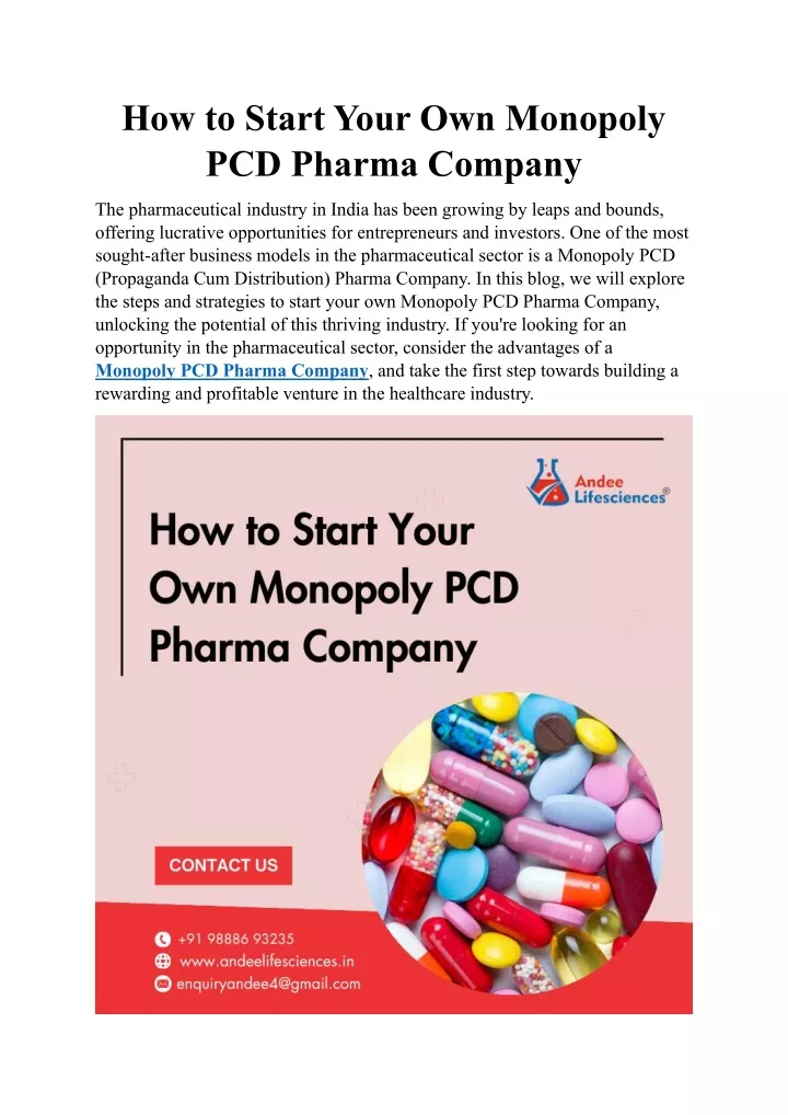 how to start your own monopoly pcd pharma company