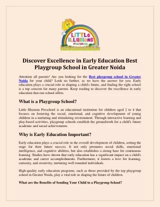 Discover Excellence in Early Education Best Playgroup School in Greater Noida