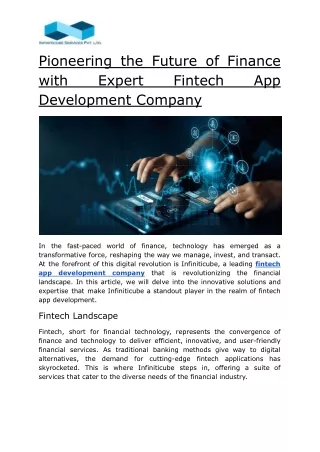 Pioneering the Future of Finance with Expert Fintech App Development Company