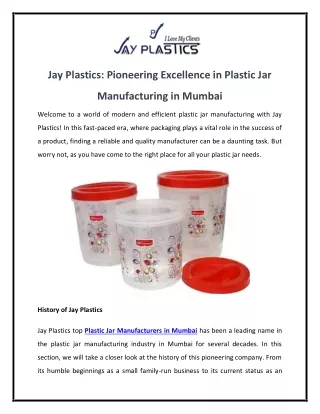 Jay Plastics Pioneering Excellence in Plastic Jar Manufacturing in Mumbai