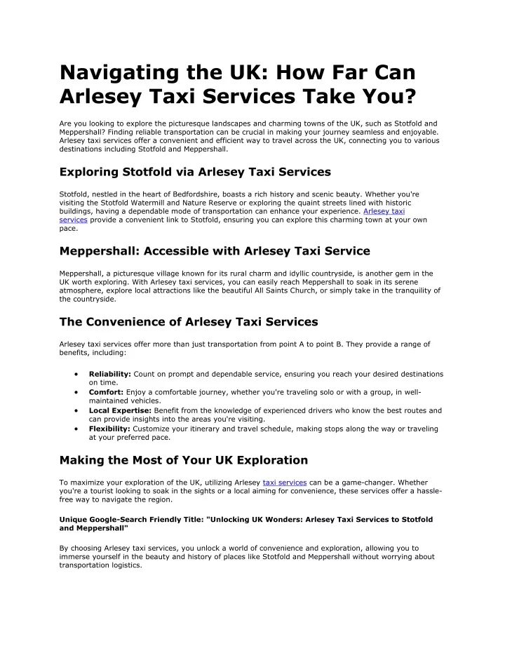 navigating the uk how far can arlesey taxi
