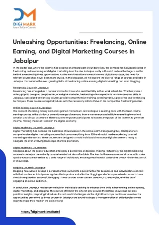 Unleashing Opportunities Freelancing, Online Earning, and Digital Marketing Courses in Jabalpur