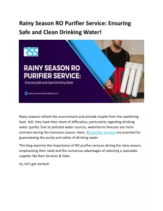 Rainy Season RO Purifier Service Ensuring Safe and Clean Drinking Water!