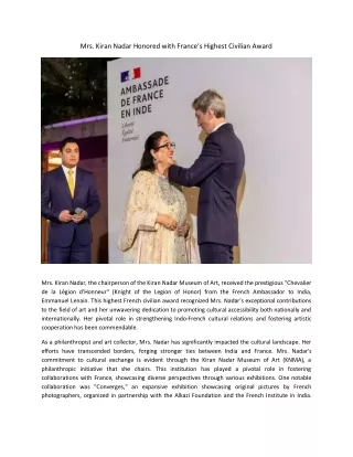 Mrs. Kiran Nadar Honored with France’s Highest Civilian Award