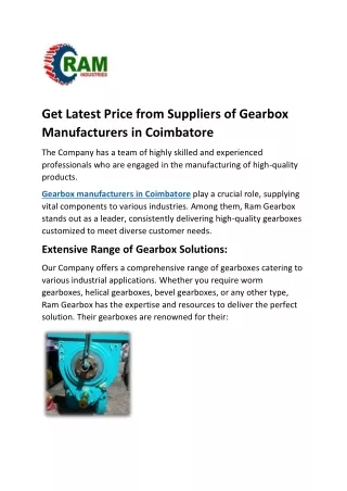 Get Latest Price from Suppliers of Gearbox Manufacturers in Coimbatore