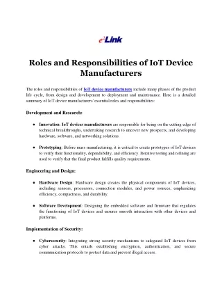 Roles and Responsibilities of IoT Device Manufacturers