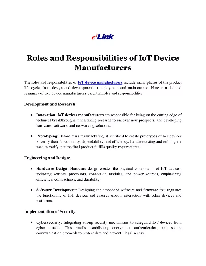 roles and responsibilities of iot device