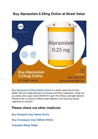 Quickly Buy Alprazolam 0.25mg Online at Valuable