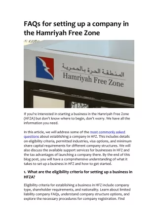 FAQs for setting up a company in the Hamriyah Free Zone