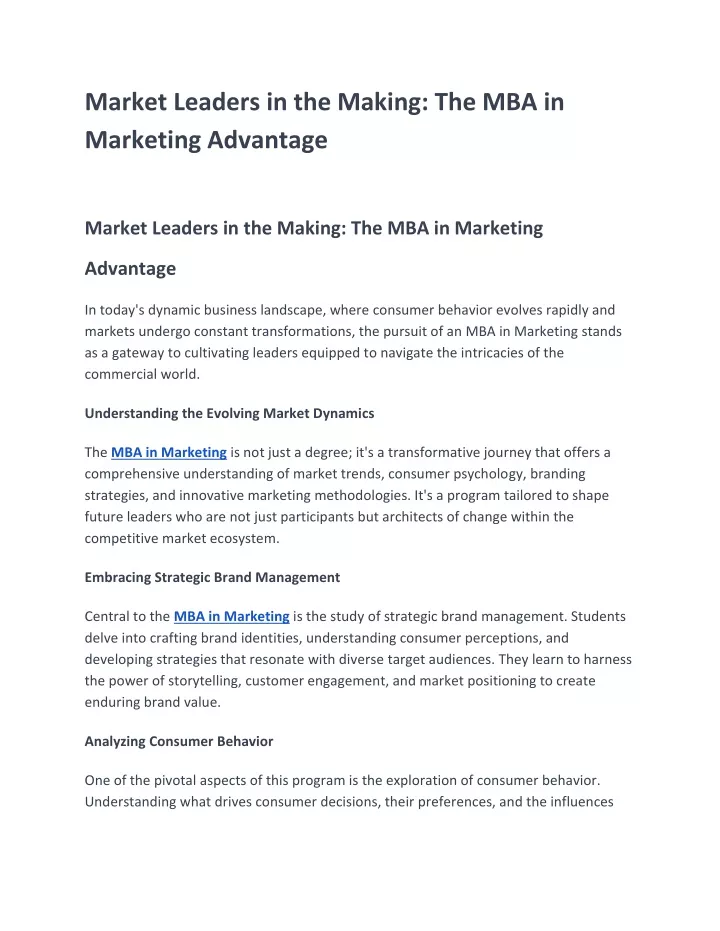 market leaders in the making the mba in marketing