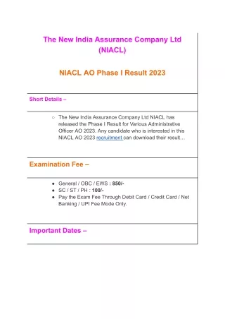 NIACL AO Phase I Result 2023