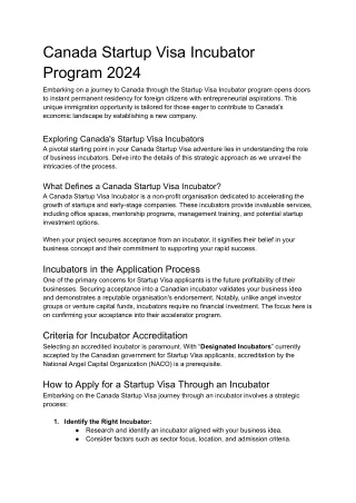 Canada Startup Visa Incubator Program in 2024