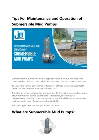 Tips For Maintenance and Operation of Submersible Mud Pumps.