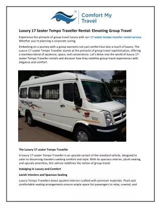 Luxury 17 Seater Tempo Traveller Rental: Elevating Group Travel