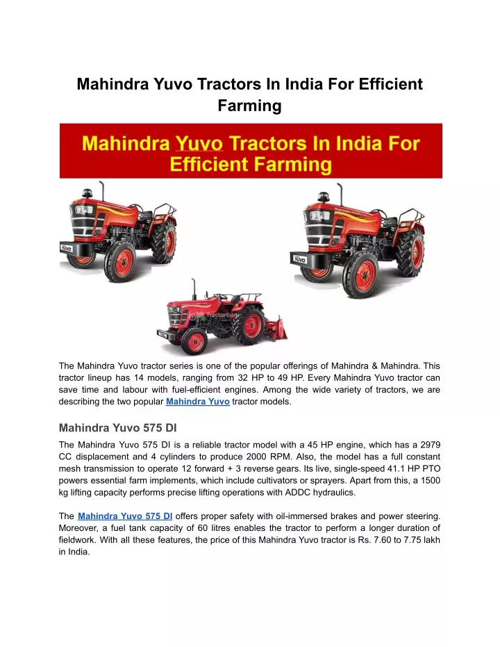 mahindra yuvo tractors in india for efficient