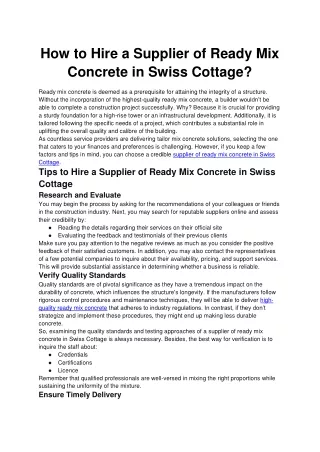 How to Hire a Supplier of Ready Mix Concrete in Swiss Cottage