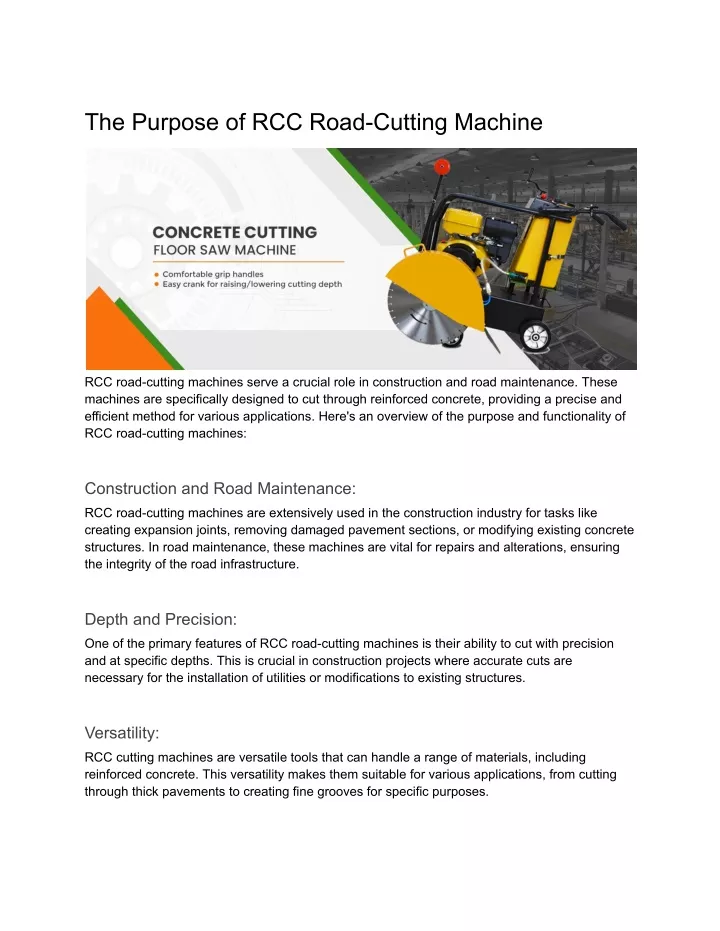 the purpose of rcc road cutting machine