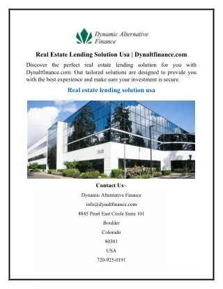 Real Estate Lending Solution Usa  Dynaltfinance.com