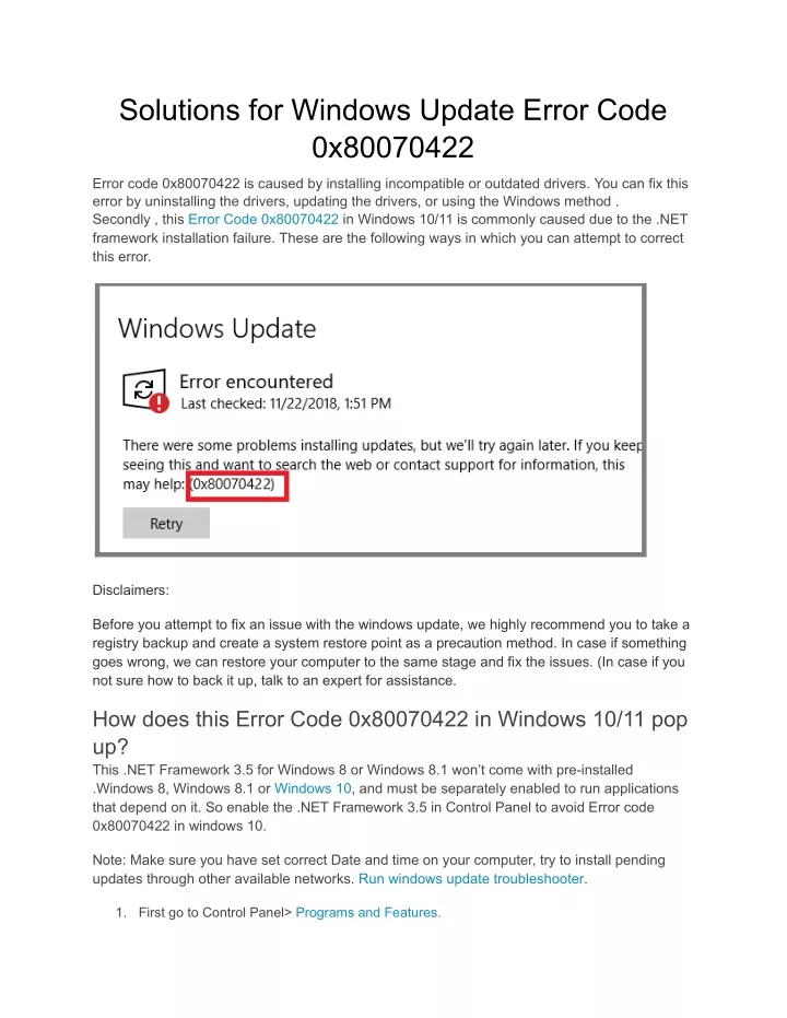 solutions for windows update error code 0x80070422