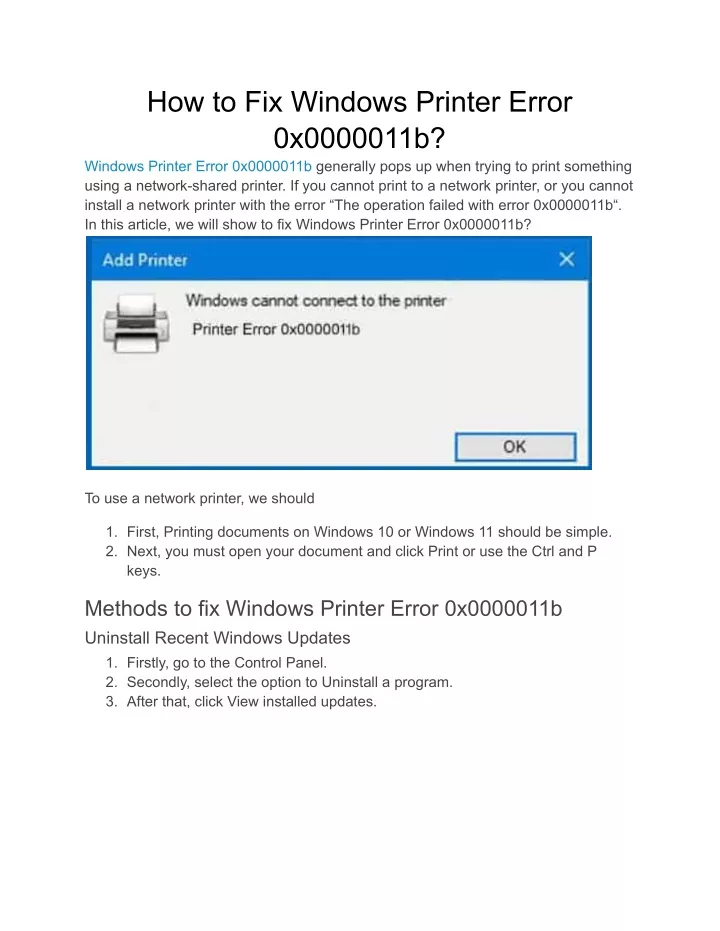 how to fix windows printer error 0x0000011b