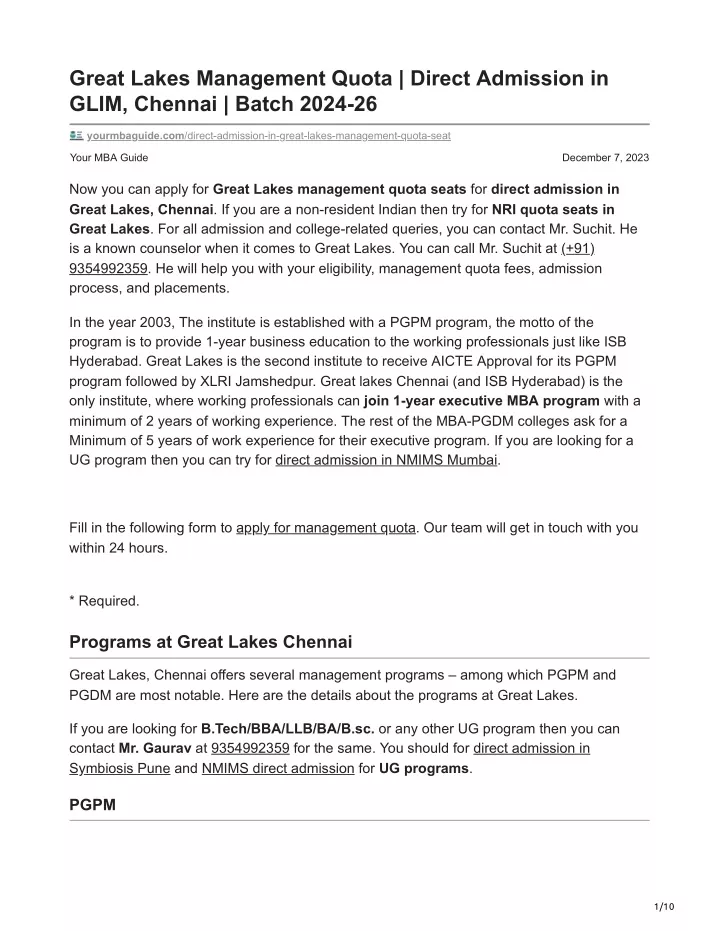 great lakes management quota direct admission