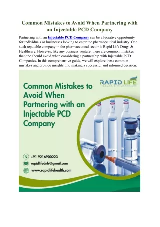 Common Mistakes to Avoid When Partnering with an Injectable PCD Company