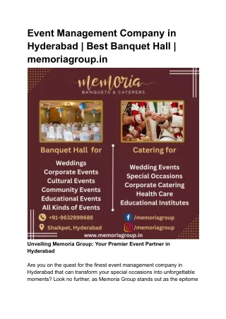 Event Management Company in Hyderabad _ Best Banquet Hall _ memoriagroup