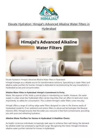 Elevate Hydration: Alkaline Water Filters in Hyderabad