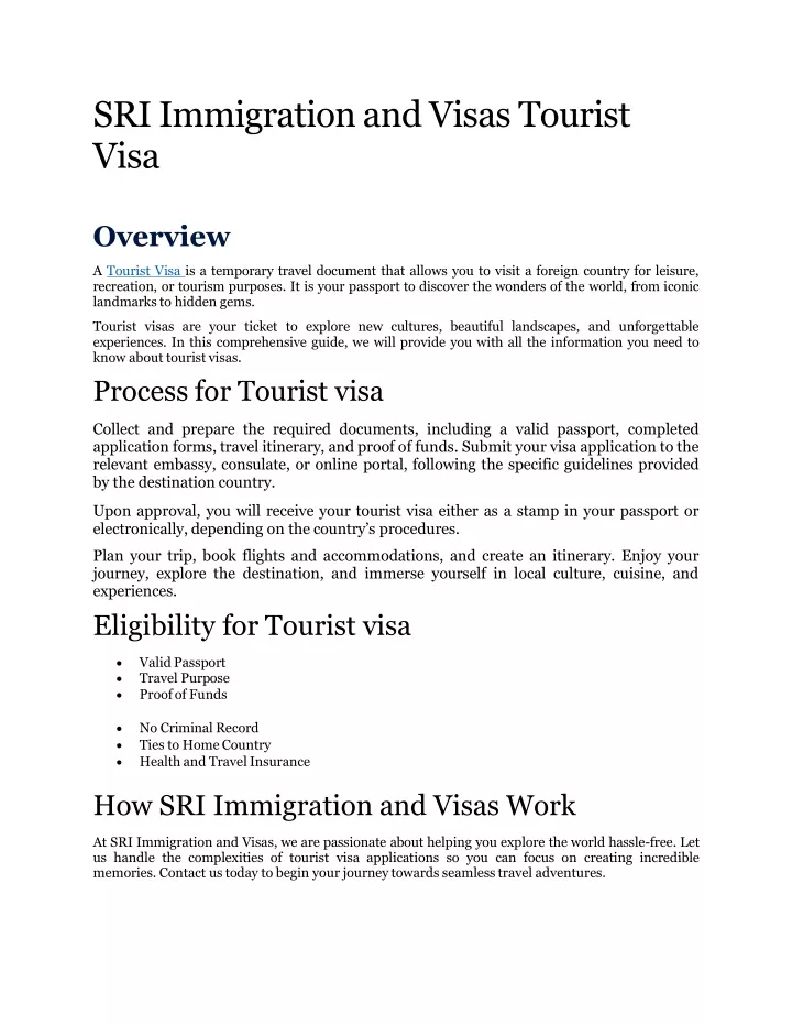 sri immigration and visas tourist visa