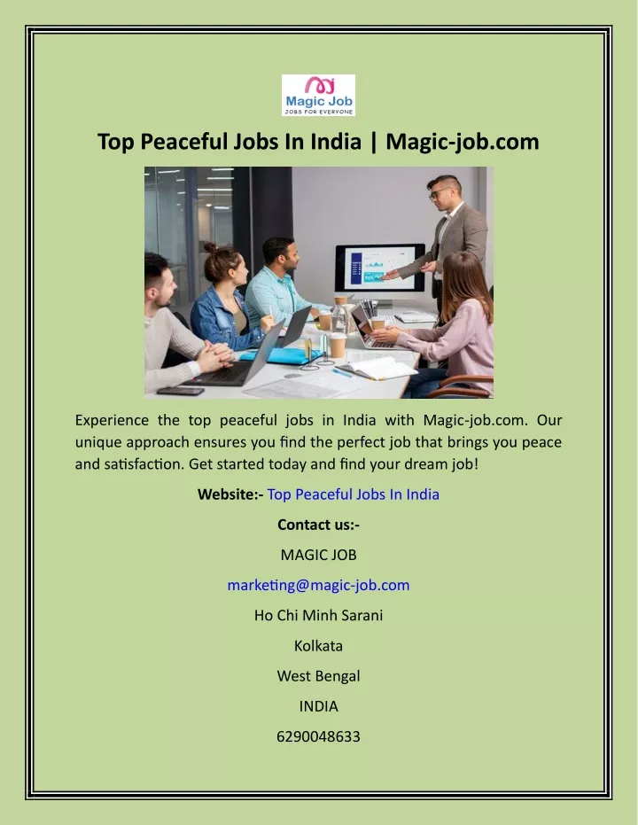 top peaceful jobs in india magic job com