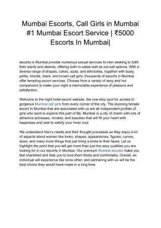 Mumbai Escorts, Call Girls in Mumbai #1 Mumbai Escort Service | ₹5000 Escorts In