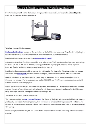 Choosing the Right Dual Extruder 3D Printer Snapmaker Artisan
