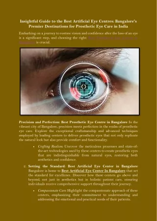 Insightful Guide to the Best Artificial Eye Centers Bangalore's Premier Destinations for Prosthetic Eye Care in India