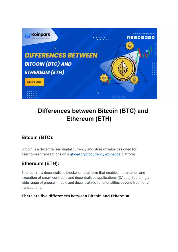 differences between bitcoin btc and ethereum eth